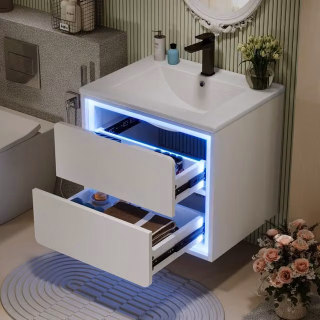 Mobile bagno sospeso 60x46x50 cm con lavabo integrato, bianco laccato, 2 cassetti con guide silenziose, luce LED a sensore radar