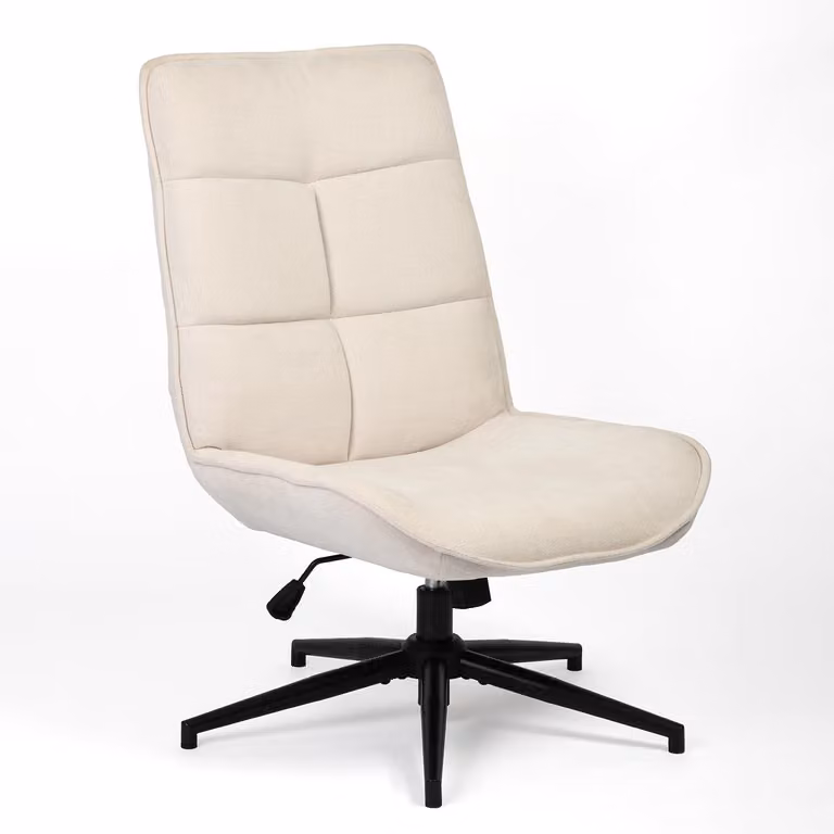 Poltrona girevole e reclinabile con rivestimento in tessuto tipo chenille, color beige, dimensioni 61x67x89-95 cm