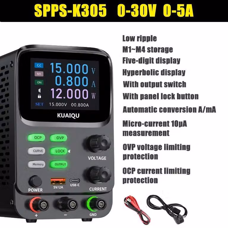 Alimentatore da laboratorio DC - SPPS-K305, alimentatore programmabile - 0–60 V fino a 10 A - Misurazione di microcorrenti fino a 10 μA - Protezione OCP/OVP - Basso ripple - Display a 5 cifre con memoria