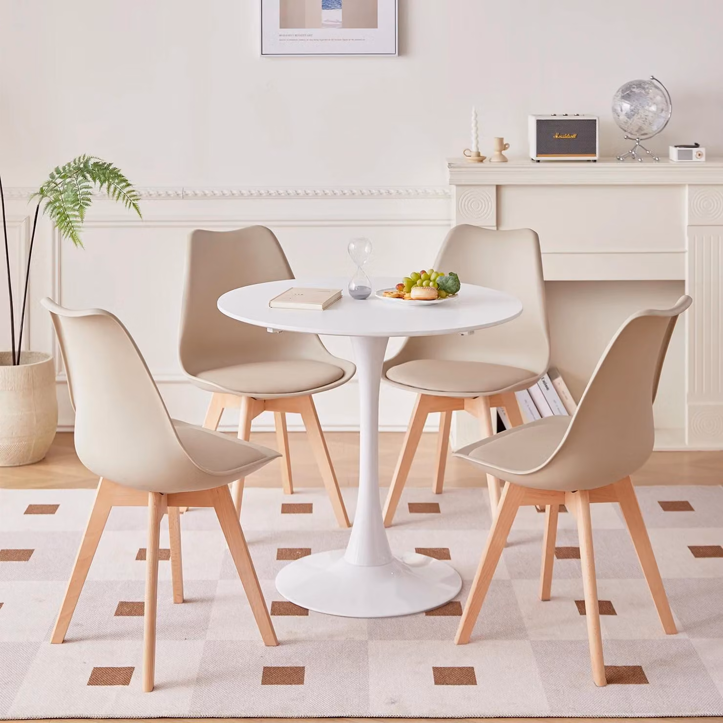 Tavolo rotondo da pranzo con 4 sedie - Set da pranzo in stile nordico - Sedute imbottite inPoliuretano- Legno di faggio massello - Design minimalista e moderno - 80 cm - Beige