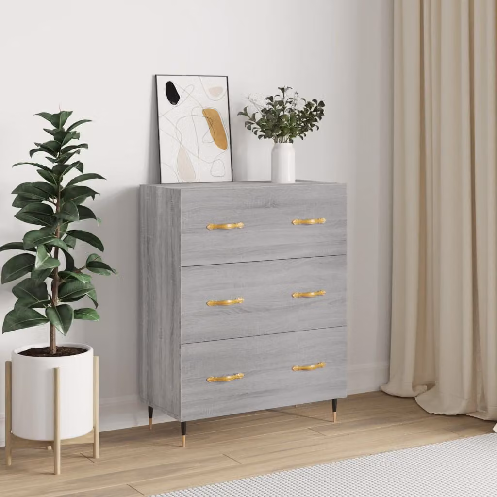 Credenza vidaXL in legno multistrato e metallo, Grigio Sonoma, L: 69,5 cm, P: 34 cm, H: 90 cm