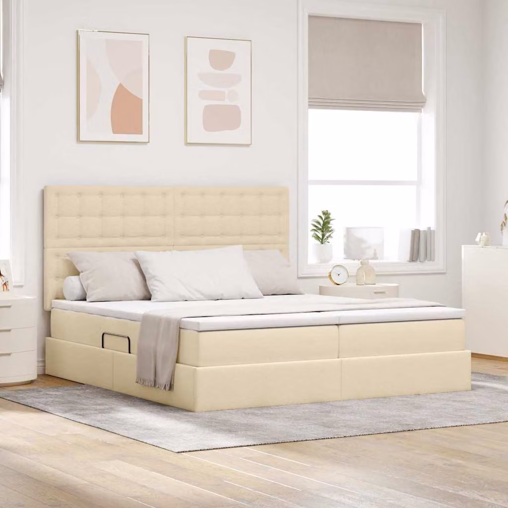 Letto con contenitore e luci LED con porta USB vidaXL in tessuto beige L/P/H: 180 x 200 cm