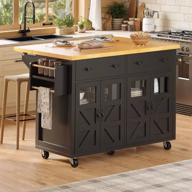 Isola cucina multifunzionale con ruote e freni, struttura in MDF e metallo, ripiani regolabili, nero