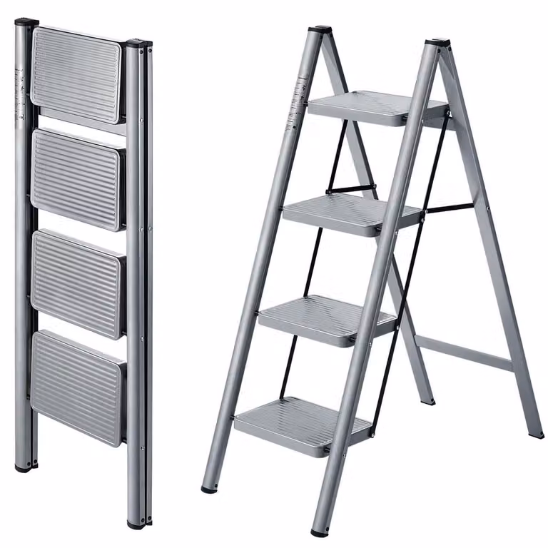 Scala a 4 gradini in acciaio, pieghevole, portata massima 150 kg, colore grigio argento, altezza 92 cm