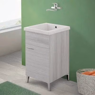 Mobile lavatoio moderno in ceramica e legno grigio e bianco con strofinatoio integrato e kit scarico L: 45,5 cm, P: 45,5 cm, H: 84 cm