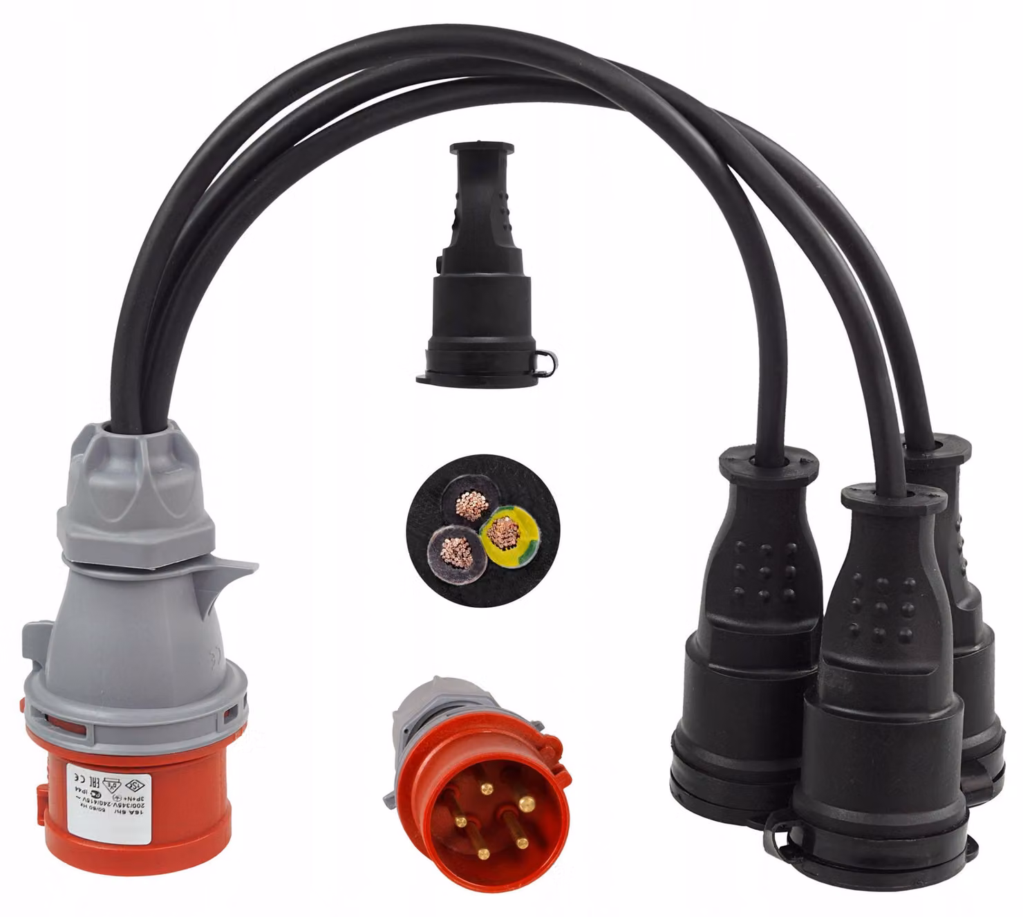 Adattatore Adelid da 32A 400V a 230V con 3 prese, rivestito in gomma