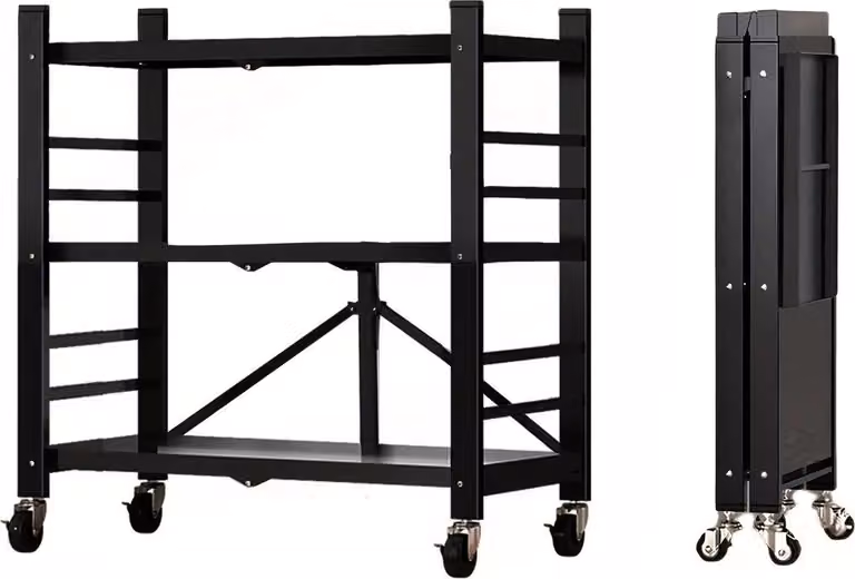 Scaffale portaoggetti - Scaffale pieghevole in acciaio con rotelle - 3 ripiani - Autoportante - Per cucina e garage - Nero