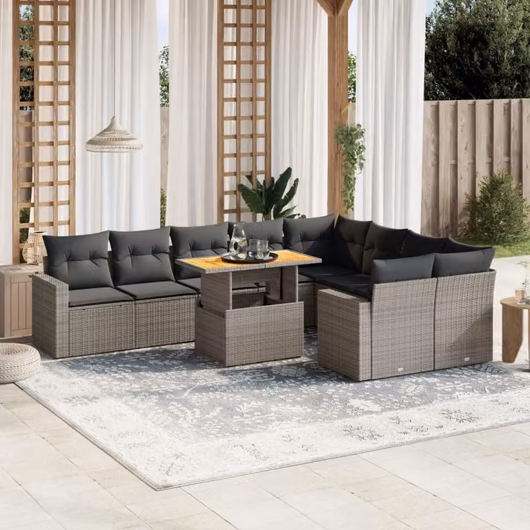 Set Divano da Giardino vidaXL 10 pz a Forma a L in Polyrattan Grigio con Cuscini e Tavolino