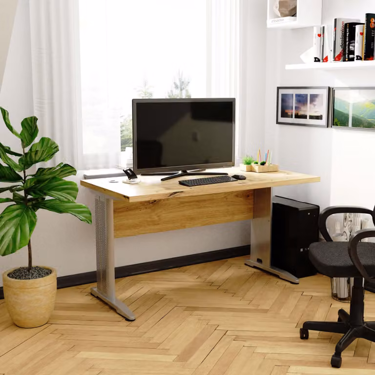 Scrivania 135x60 cm con gambe in metallo, ideale come scrivania per computer o per lavoro, con passacavo
