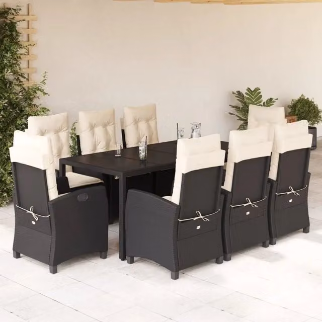 Set da pranzo da giardino vidaXL in polyrattan nero con cuscini e tavolo in vetro, 9 pezzi – 1