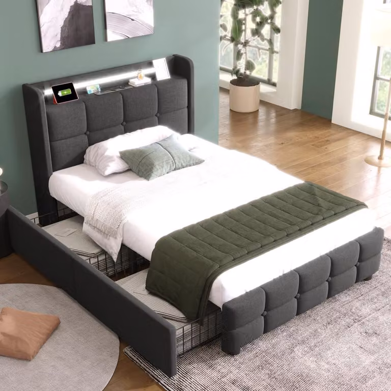 Letto imbottito 90x200 cm con funzione di ricarica USB, illuminazione LED e 2 cassetti, struttura del letto con rete a doghe in legno e testiera, ideale per la camera da letto