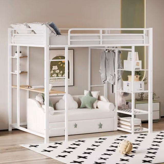 Letto a soppalco 90 × 200 cm 1 posto con scrivania, appendiabiti e mensole, senza materasso, metallo bianco