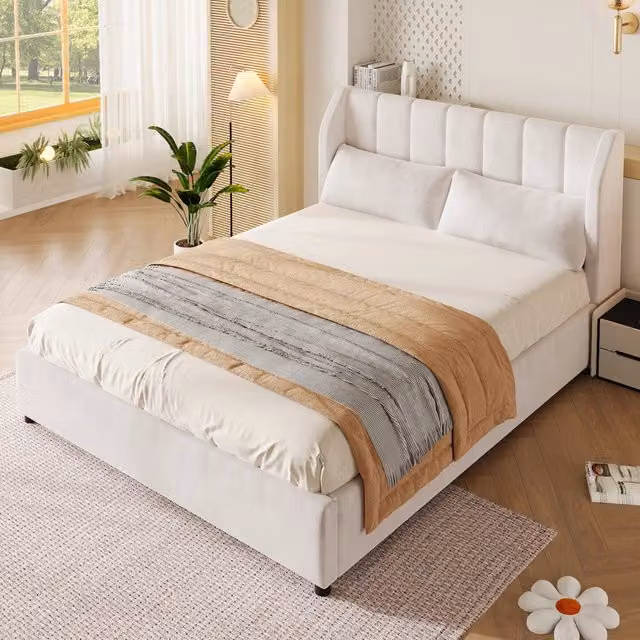 Letto imbottito 140 × 200 cm in velluto, testiera trapuntata, 2 cuscini decorativi, senza materasso, beige