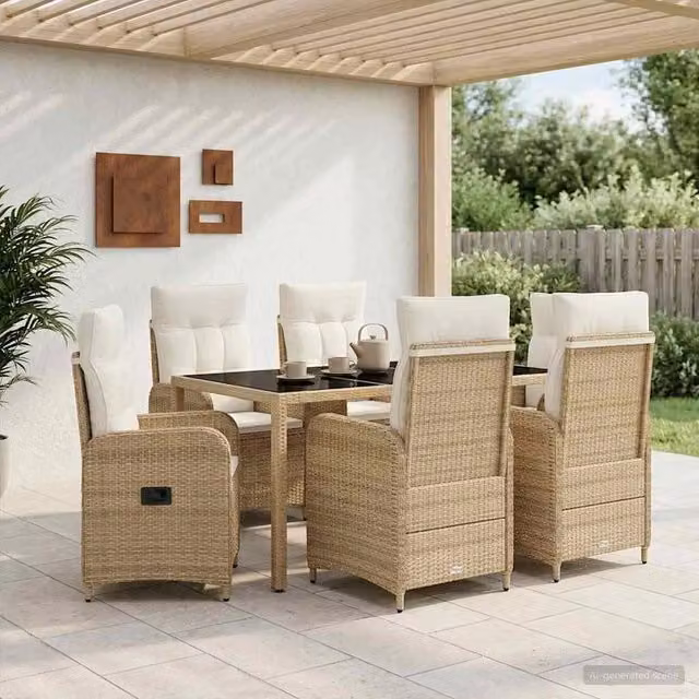Set da pranzo per esterni vidaXL in polyrattan da 7 pezzi con tavolo in vetro, colori beige e bianco – 1