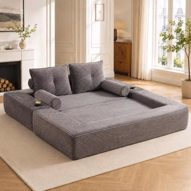 Divano Letto 2 Posti Pieghevole ¨C MINIMAL ¨C Tessuto a Coste, Schiuma Memory, con Tasche e Cuscini
