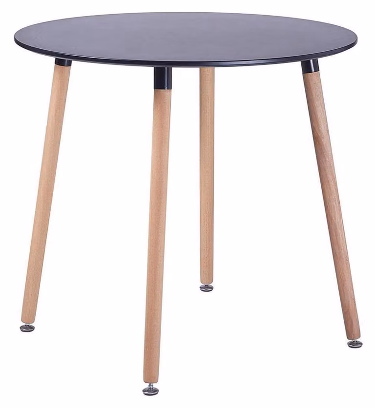 Tavolo rotondo, diametro 80 cm, altezza 74 cm, struttura in MDF nero, gambe in legno di faggio