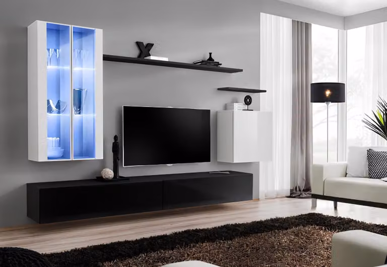 Wohn Zimmer Schwarz TV-Ständer Designer Komplett Set Wandregal Modern Möbel