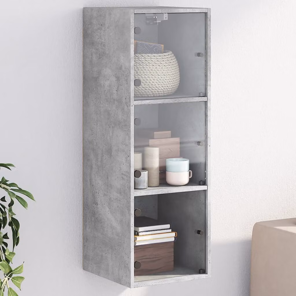 Mobile a muro vidaXL con ante in vetro e ripiani interni, colore grigio cemento, L: 35 cm, P: 37 cm, H: 100 cm