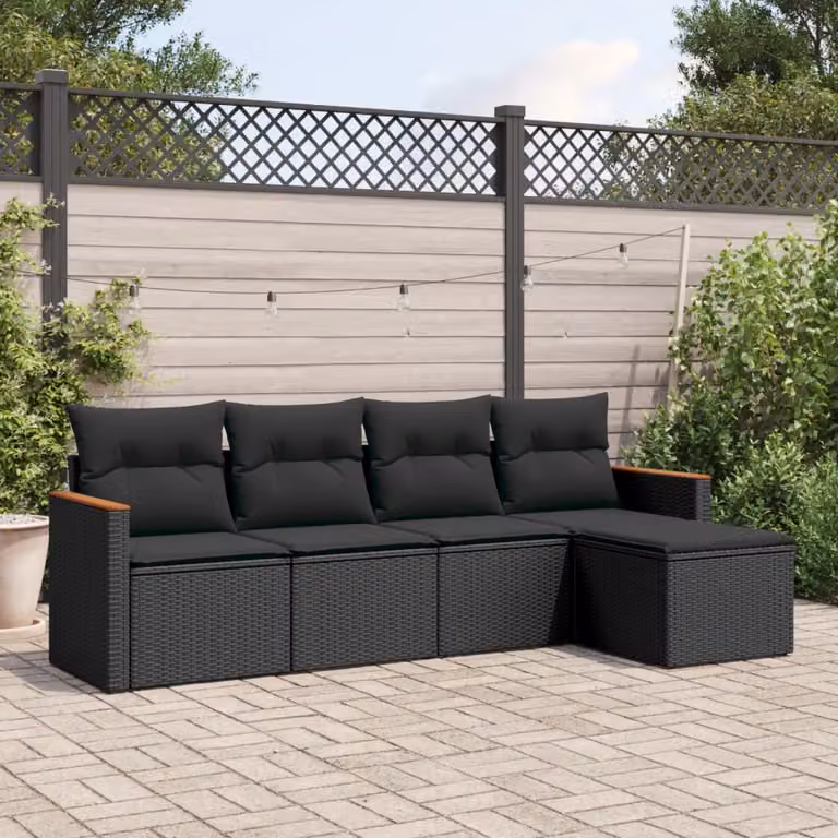 vidaXL Set Divani da Giardino 5 pz a Forma a L in Polyrattan Nero con Cuscini e Ottoman