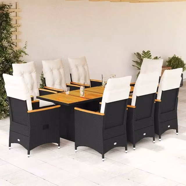 Set da pranzo da giardino vidaXL in legno di acacia e rattan nero e bianco con 9 pezzi – 1