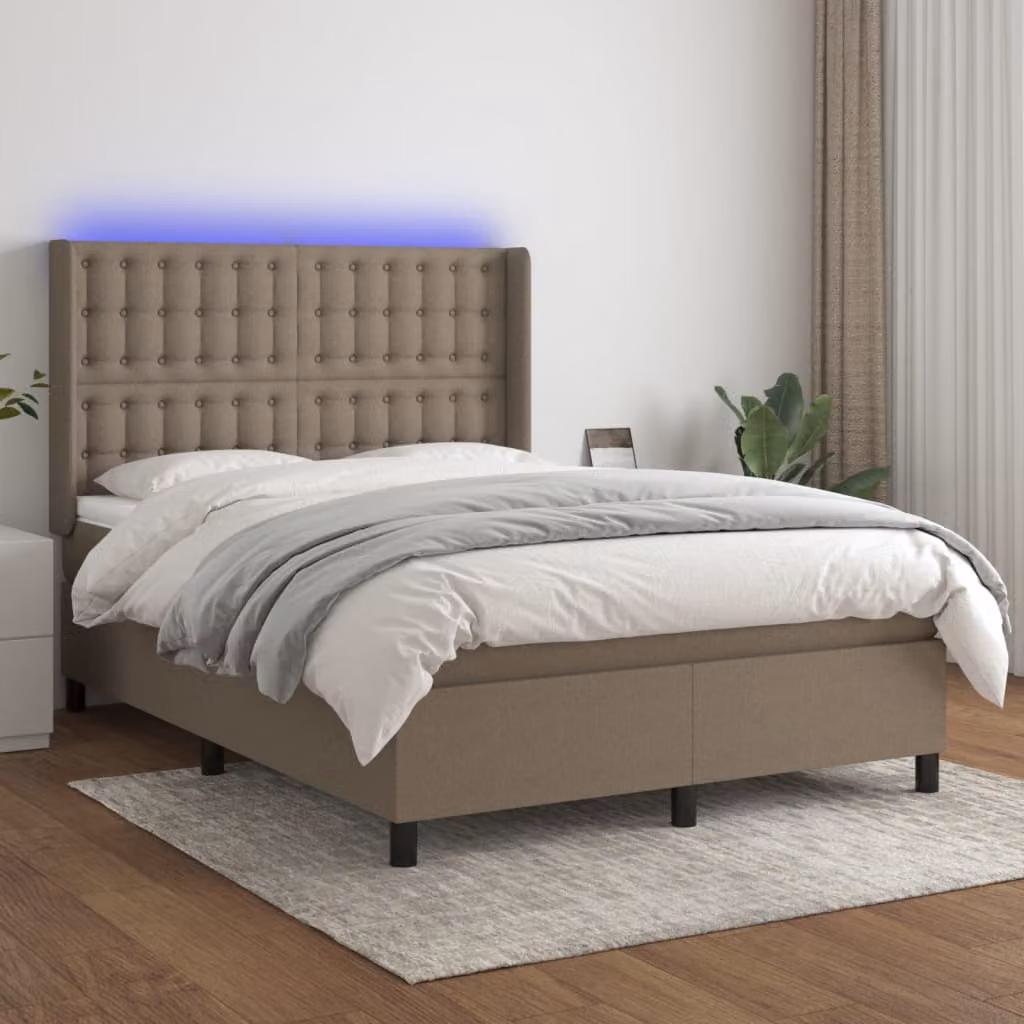 Letto a molle con materasso vidaXL in tessuto con illuminazione LED e porta USB, Tortora, L/P/H: 140 x 190 x 128 cm – 1