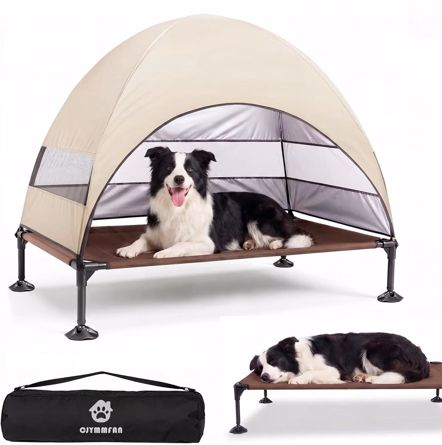 Cuccia per cani rialzata con tetto pieghevole, piedini antiscivolo, ampia area d'ombra, tenda rinfrescante per l'esterno, ideale per campeggio, giardino, spiaggia e piscina (color kaki)