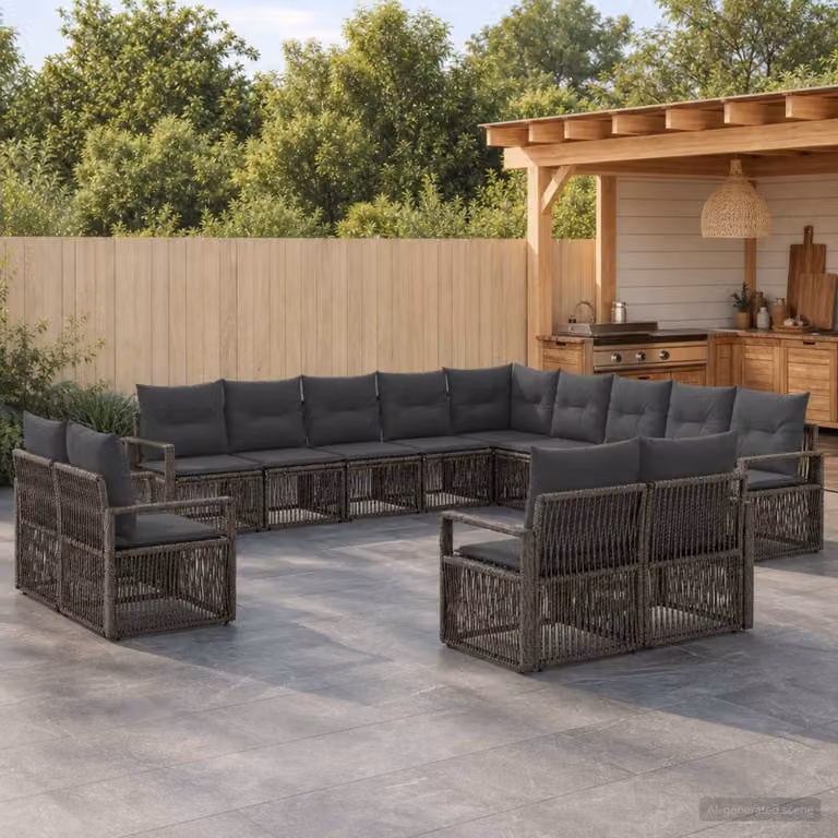 Set Divano da Giardino vidaXL 13 pz a Forma a L Grigio con Cuscini e Struttura in Metallo e Polyrattan