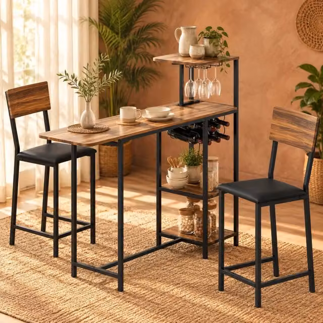 Set tavolo da bar ULEVR 3 pezzi estensibile 110-140x40 cm con 2 sgabelli, portabottiglie e ripiani, marrone