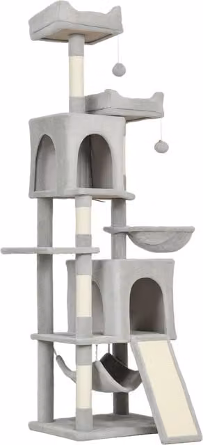 Albero Tiragraffi per Gatti PawHut con 2 Casette, 2 Lettini, Trespolo e 2 Palline, H 177 x L 40 x P 48 cm, Grigio Chiaro e Beige – 1