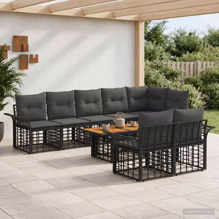 Set Divano da Giardino vidaXL 9 pz a Forma a L con Tavolino, Polyrattan e Cuscini, Nero e Grigio