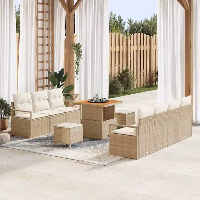 Set da giardino vidaXL composto da 10 pezzi in rattan beige con cuscini e tavolino da esterno in acciaio verniciato a polvere