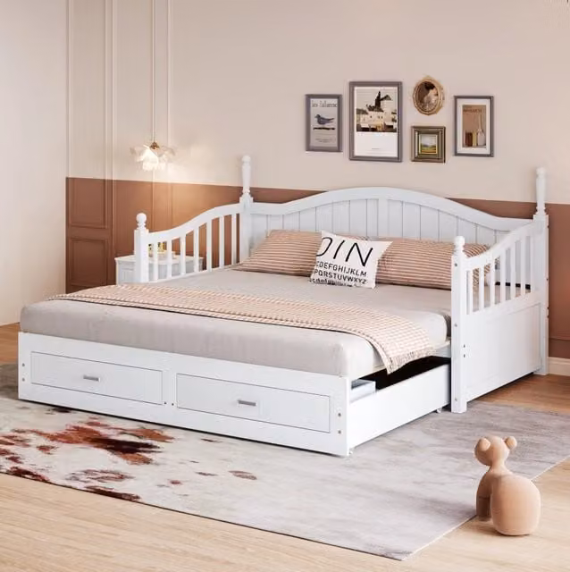 Divano letto estraibile in legno massiccio di pino 90x190 cm con collo curvo, braccioli e cassetti, colore bianco