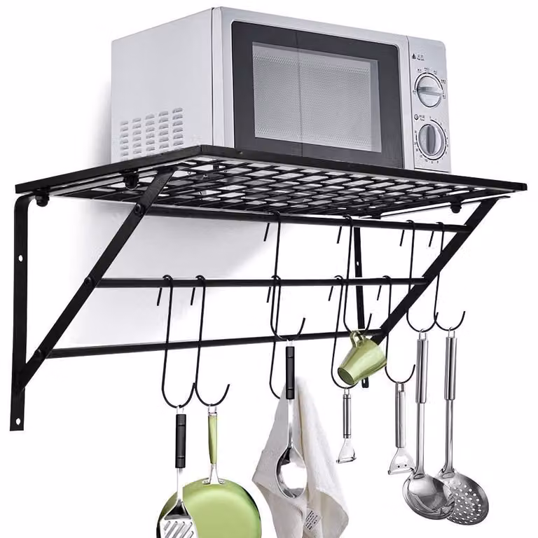 Porta pentole da parete, scaffale da cucina sospeso in metallo nero