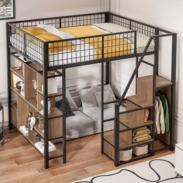Letto a castello KOMHTOM nero in metallo e legno con funzione contenitiva e scala, L/P/H: 200 x 140 x 170 cm