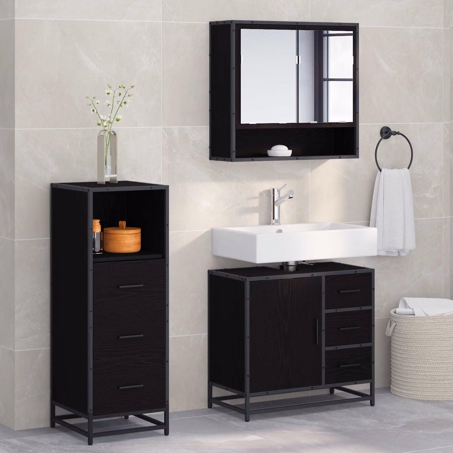 Set di mobili per il bagno moderno vidaXL 3 pezzi in rovere e nero L/P/H: 65 x 33 x 60 cm – 1