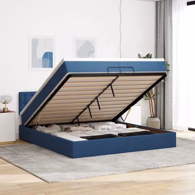 Letto con contenitore a sollevamento vidaXL in tessuto blu e bianco con illuminazione sottostante e porta USB, L/P/H: 200 x 203 x 88 cm