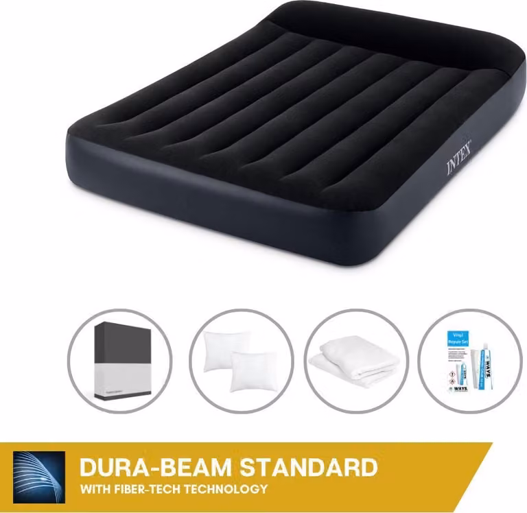 Intex Airbed - 2 persone - 137 x 191 x 25 cm - Blu - Con pompa incorporata, lenzuolo nero, cuscino, federe Molton 2 in 1 e set di riparazione