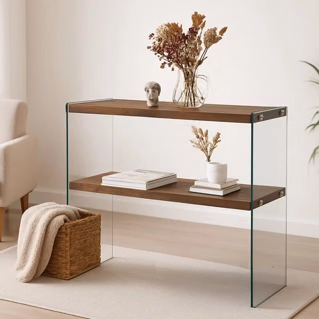 Consolle Doha, Tavolo multiuso, Mobiletto d'appoggio, Scrivania da corridoio, 90x30h80 cm, Noce