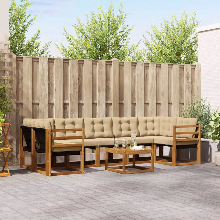 Set di divani da esterno vidaXL 8 pz in legno di acacia con tavolo da caffè e cuscini, Beige e Marrone