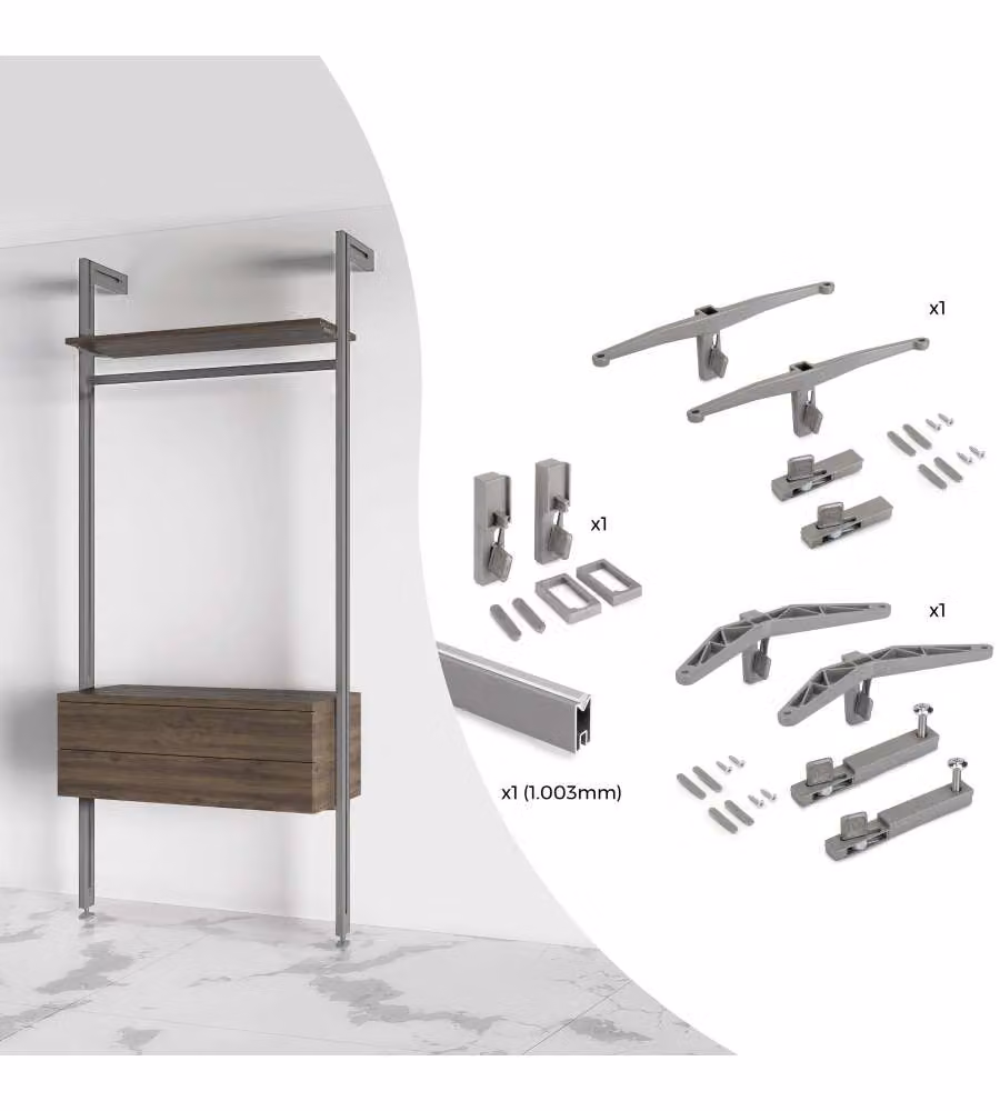 Emuca Set di mensole in legno, 1 modulo e 1 asta da 1 m, zama, verniciato grigio pietra