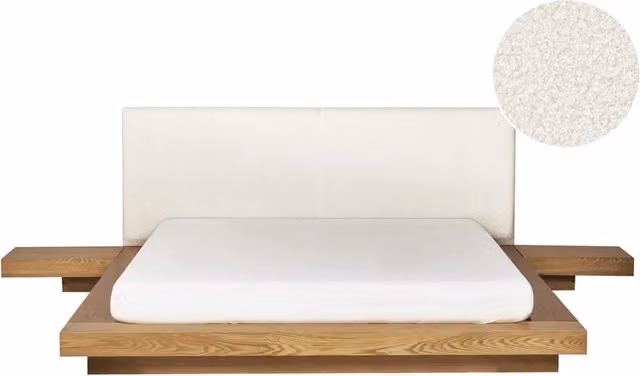Letto ad acqua BELIANI in stile giapponese con testiera in frassino naturale e tessuto bouclé, colori marrone e bianco, L/P/H: 200 x 160 x 308 cm