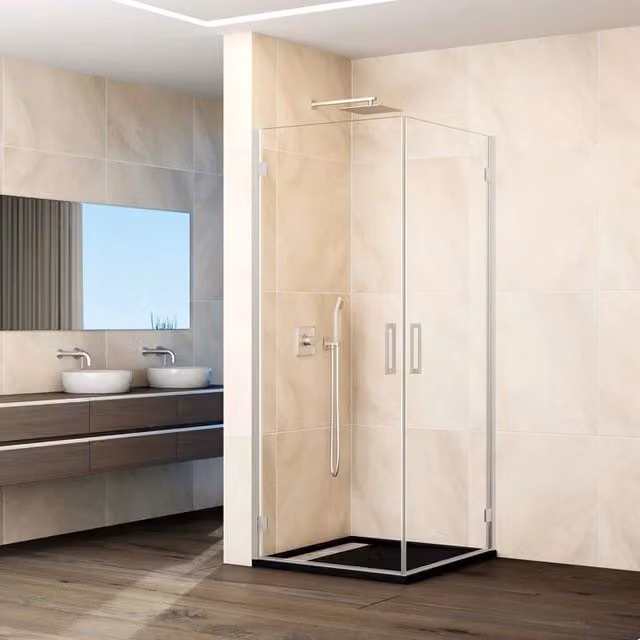 Box doccia angolare DUCHA con 2 porte battenti in vetro trasparente e finitura nichel