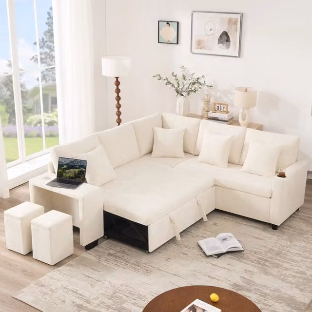 Divano angolare OKWISH moderno in tessuto beige con chaise longue reversibile, funzione letto, porta USB e struttura in legno massello, L 220 x P 205 x H 86.5 cm