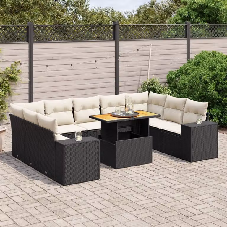 vidaXL Set Divani da Giardino 10pz con Cuscini e Tavolino, Polyrattan e Acciaio, Nero e Bianco
