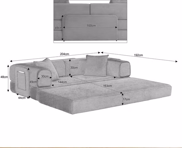Divano Tatami in Corduroy con Struttura in Acciaio Cromato, Letto Pieghevole con Materassi in Schiuma High-Density, 2 Cuscini Inclusi