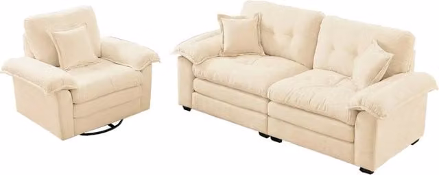 Set Divano 2 Pezzi in Chenille: Poltrona + Divano 2 Posti con Imbottitura a Doppio Strato e Cuscini Decorativi