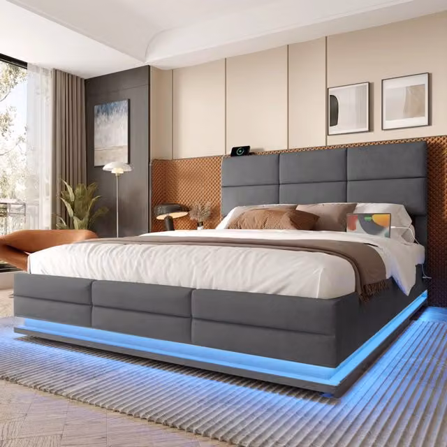 Letto contenitore 2 posti 140 x 200 cm con USB, LED dimmerabile e contenitore idraulico, matrimoniale in velluto con testiera regolabile, grigio scuro