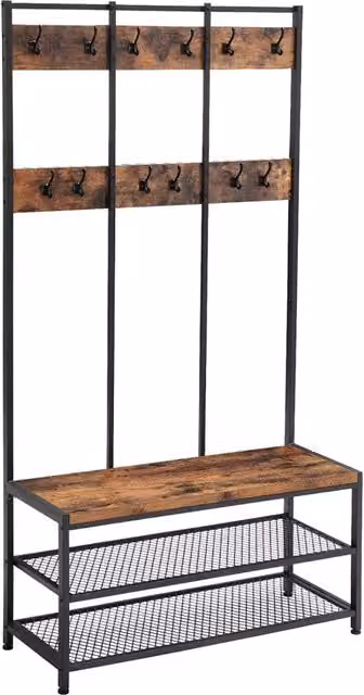 Appendiabiti Valora HSR86BX con panca, organizzatore per corridoio in metallo e MDF, marrone e nero rustico, H 186 x L 100 x P 40 cm – 1