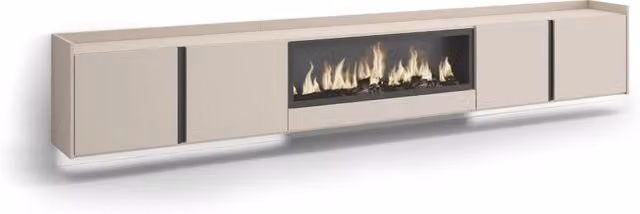 Mobile TV Soggiorno, 315x50x35 cm, Per TV fino a 80", Camino elettrico XXL, Sospeso, da appendere, LED, Beige