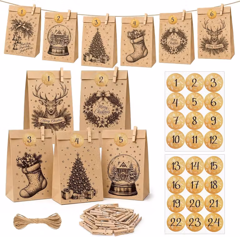 Calendario dell'Avvento vintage da riempire: 24 sacchetti di carta kraft